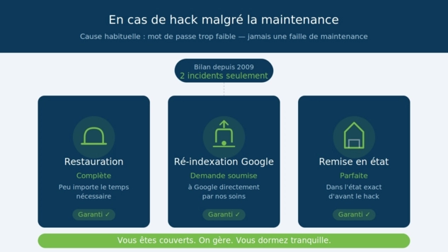 Que se passe-t'il si mon site se fait hacker, malgré la maintenance régulière ?